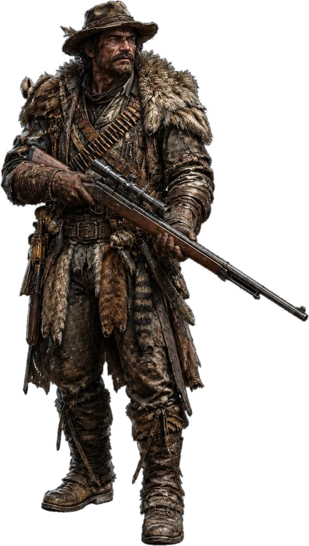 Jäger mit Repetiergewehr und Fellmantel